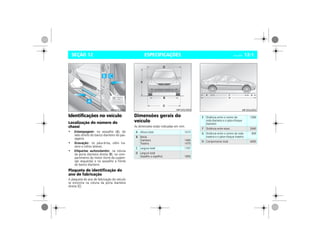 ESPECIFICAÇÕES Vectra, 03/04 12-1SEÇÃO 12
Identificações no veículo
Localização do número do
chassi
• Estampagem: no assoalho (A), do
lado direito do banco dianteiro do pas-
sageiro.
• Gravação: no pára-brisa, vidro tra-
seiro e vidros laterais.
• Etiquetas autocolantes: na coluna
da porta dianteira direita (B), no com-
partimento do motor (torre da suspen-
são esquerda) e no assoalho à frente
do banco dianteiro
Plaqueta de identificação do
ano de fabricação
A plaqueta do ano de fabricação do veículo
se encontra na coluna da porta dianteira
direita (C).
Dimensões gerais do
veículo
As dimensões estão indicadas em mm.
-
MPJ03L0001
A Altura total 1415
B Bitola
Dianteira
Traseira
1484
1470
C Largura total 1707
D Largura total
(espelho a espelho) 1856
D
X
C
B
MPJ03L0003
E Distância entre o centro da
roda dianteira e o pára-choque
dianteiro
1006
F Distância entre eixos 2640
G Distância entre o centro da roda
traseira e o pára-choque traseiro
849
H Comprimento total 4495
H
FE G
MPJ03L0002
 