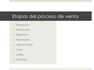 Etapas del proceso de venta
1.  Preparación
2.  Introducción
3.  Diagnostico
4.  Presentación
5.  Argumentación
6.  Cierre
7.  Análisis
8.  Postventa

 