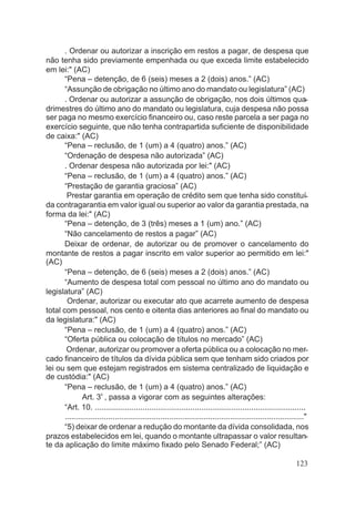 . Ordenar ou autorizar a inscrição em restos a pagar, de despesa que
não tenha sido previamente empenhada ou que exceda limite estabelecido
em lei:" (AC)
“Pena – detenção, de 6 (seis) meses a 2 (dois) anos.” (AC)
“Assunção de obrigação no último ano do mandato ou legislatura” (AC)
. Ordenar ou autorizar a assunção de obrigação, nos dois últimos qua-
drimestres do último ano do mandato ou legislatura, cuja despesa não possa
ser paga no mesmo exercício financeiro ou, caso reste parcela a ser paga no
exercício seguinte, que não tenha contrapartida suficiente de disponibilidade
de caixa:" (AC)
“Pena – reclusão, de 1 (um) a 4 (quatro) anos.” (AC)
“Ordenação de despesa não autorizada” (AC)
. Ordenar despesa não autorizada por lei:" (AC)
“Pena – reclusão, de 1 (um) a 4 (quatro) anos.” (AC)
“Prestação de garantia graciosa” (AC)
Prestar garantia em operação de crédito sem que tenha sido constituí-
da contragarantia em valor igual ou superior ao valor da garantia prestada, na
forma da lei:" (AC)
“Pena – detenção, de 3 (três) meses a 1 (um) ano.” (AC)
“Não cancelamento de restos a pagar” (AC)
Deixar de ordenar, de autorizar ou de promover o cancelamento do
montante de restos a pagar inscrito em valor superior ao permitido em lei:"
(AC)
“Pena – detenção, de 6 (seis) meses a 2 (dois) anos.” (AC)
“Aumento de despesa total com pessoal no último ano do mandato ou
legislatura” (AC)
Ordenar, autorizar ou executar ato que acarrete aumento de despesa
total com pessoal, nos cento e oitenta dias anteriores ao final do mandato ou
da legislatura:" (AC)
“Pena – reclusão, de 1 (um) a 4 (quatro) anos.” (AC)
“Oferta pública ou colocação de títulos no mercado” (AC)
Ordenar, autorizar ou promover a oferta pública ou a colocação no mer-
cado financeiro de títulos da dívida pública sem que tenham sido criados por
lei ou sem que estejam registrados em sistema centralizado de liquidação e
de custódia:" (AC)
“Pena – reclusão, de 1 (um) a 4 (quatro) anos.” (AC)
Art. 3
o
, passa a vigorar com as seguintes alterações:
“Art. 10. .................................................................................................
.............................................................................................................."
“5) deixar de ordenar a redução do montante da dívida consolidada, nos
prazos estabelecidos em lei, quando o montante ultrapassar o valor resultan-
te da aplicação do limite máximo fixado pelo Senado Federal;” (AC)
123
 