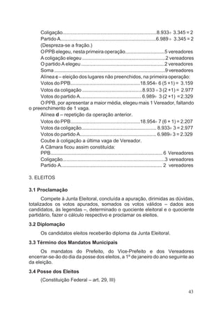 Coligação.....................................................................8.933¸ 3.345 = 2
Partido A......................................................................6.989¸ 3.345 = 2
(Despreza-se a fração.)
OPPB elegeu, nesta primeira operação.............................5 vereadores
A coligação elegeu .............................................................2 vereadores
O partido A elegeu .............................................................2 vereadores
Soma .................................................................................9 vereadores
Alínea c– eleição dos lugares não preenchidos, na primeira operação:
Votos do PPB...................................................18.954¸ 6 (5 +1) = 3.159
Votos da coligação ............................................8.933 ¸3 (2 +1) = 2.977
Votos do partido A............................................. 6.989¸ 3 (2 +1) =2.329
O PPB, por apresentar a maior média, elegeu mais 1 Vereador, faltando
o preenchimento de 1 vaga.
Alínea d – repetição da operação anterior.
Votos do PPB...................................................18.954¸ 7 (6 + 1) = 2.207
Votos da coligação....................................................... 8.933¸ 3 = 2.977
Votos do partido A........................................................ 6.989¸3 = 2.329
Coube à coligação a última vaga de Vereador.
A Câmara ficou assim constituída:
PPB.................................................................................. 6 Vereadores
Coligação...........................................................................3 vereadores
Partido A.......................................................................... 2 vereadores
3. ELEITOS
3.1 Proclamação
Compete à Junta Eleitoral, concluída a apuração, dirimidas as dúvidas,
totalizados os votos apurados, somados os votos válidos – dados aos
candidatos, às legendas –, determinado o quociente eleitoral e o quociente
partidário, fazer o cálculo respectivo e proclamar os eleitos.
3.2 Diplomação
Os candidatos eleitos receberão diploma da Junta Eleitoral.
3.3 Término dos Mandatos Municipais
Os mandatos do Prefeito, do Vice-Prefeito e dos Vereadores
encerrar-se-ão do dia da posse dos eleitos, a 1º de janeiro do ano seguinte ao
da eleição.
3.4 Posse dos Eleitos
(Constituição Federal – art. 29, III)
43
 