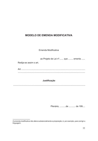 MODELO DE EMENDA MODIFICATIVA
Emenda Modificativa
ao Projeto de Lei nº....... que ........ ementa ......
Redija-se assim o art.
Art...........................................................................................................
................................................................................................................
Justificação
........................................................................................................................
Plenário, ..........de ........... de 199....
––––––––––––––––––
A emenda modificativa não altera substancialmente a proposição, é, por exemplo, para corrigir a
linguagem.
55
 