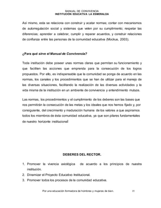 MANUAL DE CONVIVENCIA
INSTITUCIÓN EDUCATIVA LA ESMERALDA
Por una educación formadora de hombres y mujeres de bien. 19
Así mismo, esta se relaciona con construir y acatar normas; contar con mecanismos
de autorregulación social y sistemas que velen por su cumplimiento; respetar las
diferencias; aprender a celebrar, cumplir y reparar acuerdos, y construir relaciones
de confianza entre las personas de la comunidad educativa (Mockus, 2003).
¿Para qué sirve el Manual de Convivencia?
Toda institución debe poseer unas normas claras que permitan su funcionamiento y
que faciliten las acciones que emprenda para la consecución de los logros
propuestos. Por ello, es indispensable que la comunidad se ponga de acuerdo en las
normas, los canales y los procedimientos que se han de utilizar para el manejo de
las diversas situaciones, facilitando la realización de las diversas actividades y la
vida misma de la institución en un ambiente de convivencia y entendimiento mutuos.
Las normas, los procedimientos y el cumplimiento de los deberes son las bases que
nos permitirán la consecución de las metas y los ideales que nos hemos fijado y, por
consiguiente, del crecimiento y maduración humana de los valores a que aspiramos
todos los miembros de ésta comunidad educativa, ya que son pilares fundamentales
de nuestro horizonte institucional
DEBERES DEL RECTOR.
1. Promover la vivencia axiológica de acuerdo a los principios de nuestra
institución.
2. Dinamizar el Proyecto Educativo Institucional.
3. Promover todos los procesos de la comunidad educativa.
 