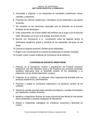 MANUAL DE CONVIVENCIA
INSTITUCIÓN EDUCATIVA LA ESMERALDA
Por una educación formadora de hombres y mujeres de bien. 31
5. Acompañar y organizar a sus estudiantes en actividades académicas, cívicas,
culturales y deportivas.
6. Presentar los informes académicos y formativos de los estudiantes a los padres
de familia.
7. Ser mediador en las situaciones especiales que se presenten en el proceso
formativo de los estudiantes.
8. Velar, diariamente, por el buen estado del mobiliario de su grupo y por el aseo del
salón. Responder por lo que se le entrega al principio de año.
9. Informar con anticipación a la coordinación sobre las llegadas tardes, el
rendimiento académico grupal e individual de los estudiantes del grupo al cual
dirige.
10.Conocer la situación personal y familiar de los estudiantes.
11.Sugerir a los Coordinadores la remisión de estudiantes al maestro orientador.
12.Cumplir y hacer cumplir el Manual de Convivencia de la institución.
FUNCIONALES DOCENTE ORIENTADOR
1. Participa en la formulación, revisión y actualización del Proyecto Educativo
Institucional, del Plan Operativo Anual y del Programa que promueve ambientes
escolares adecuados para el desarrollo humano de los estudiantes y su
integración con los demás estamentos y grupos.
2. Colaborar en la creación un adecuado clima organizacional favorable para los
procesos académicos y administrativos.
3. Promover y evaluar la convivencia institucional y la resolución pacífica de los
conflictos
4. Atiende la consulta personal sobre aspectos psicológicos y sociales demandados
por estudiantes y padres de familia.
5. Identifica y diagnosticar factores de riesgo psicosocial que afectan la vida escolar
de los estudiantes y propone estrategias de intervención.
6. Diseña e implementar estrategias de orientación vocacional y desarrollo de
carrera.
 