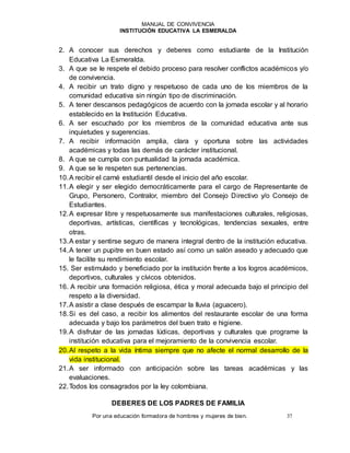 MANUAL DE CONVIVENCIA
INSTITUCIÓN EDUCATIVA LA ESMERALDA
Por una educación formadora de hombres y mujeres de bien. 37
2. A conocer sus derechos y deberes como estudiante de la Institución
Educativa La Esmeralda.
3. A que se le respete el debido proceso para resolver conflictos académicos y/o
de convivencia.
4. A recibir un trato digno y respetuoso de cada uno de los miembros de la
comunidad educativa sin ningún tipo de discriminación.
5. A tener descansos pedagógicos de acuerdo con la jornada escolar y al horario
establecido en la Institución Educativa.
6. A ser escuchado por los miembros de la comunidad educativa ante sus
inquietudes y sugerencias.
7. A recibir información amplia, clara y oportuna sobre las actividades
académicas y todas las demás de carácter institucional.
8. A que se cumpla con puntualidad la jornada académica.
9. A que se le respeten sus pertenencias.
10.A recibir el carné estudiantil desde el inicio del año escolar.
11.A elegir y ser elegido democráticamente para el cargo de Representante de
Grupo, Personero, Contralor, miembro del Consejo Directivo y/o Consejo de
Estudiantes.
12.A expresar libre y respetuosamente sus manifestaciones culturales, religiosas,
deportivas, artísticas, científicas y tecnológicas, tendencias sexuales, entre
otras.
13.A estar y sentirse seguro de manera integral dentro de la institución educativa.
14.A tener un pupitre en buen estado así como un salón aseado y adecuado que
le facilite su rendimiento escolar.
15. Ser estimulado y beneficiado por la institución frente a los logros académicos,
deportivos, culturales y cívicos obtenidos.
16. A recibir una formación religiosa, ética y moral adecuada bajo el principio del
respeto a la diversidad.
17.A asistir a clase después de escampar la lluvia (aguacero).
18.Si es del caso, a recibir los alimentos del restaurante escolar de una forma
adecuada y bajo los parámetros del buen trato e higiene.
19.A disfrutar de las jornadas lúdicas, deportivas y culturales que programe la
institución educativa para el mejoramiento de la convivencia escolar.
20.Al respeto a la vida íntima siempre que no afecte el normal desarrollo de la
vida institucional.
21.A ser informado con anticipación sobre las tareas académicas y las
evaluaciones.
22.Todos los consagrados por la ley colombiana.
DEBERES DE LOS PADRES DE FAMILIA
 