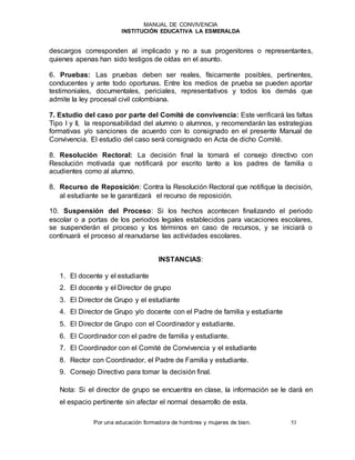 MANUAL DE CONVIVENCIA
INSTITUCIÓN EDUCATIVA LA ESMERALDA
Por una educación formadora de hombres y mujeres de bien. 53
descargos corresponden al implicado y no a sus progenitores o representantes,
quienes apenas han sido testigos de oídas en el asunto.
6. Pruebas: Las pruebas deben ser reales, físicamente posibles, pertinentes,
conducentes y ante todo oportunas. Entre los medios de prueba se pueden aportar
testimoniales, documentales, periciales, representativos y todos los demás que
admite la ley procesal civil colombiana.
7. Estudio del caso por parte del Comité de convivencia: Este verificará las faltas
Tipo I y II, la responsabilidad del alumno o alumnos, y recomendarán las estrategias
formativas y/o sanciones de acuerdo con lo consignado en el presente Manual de
Convivencia. El estudio del caso será consignado en Acta de dicho Comité.
8. Resolución Rectoral: La decisión final la tomará el consejo directivo con
Resolución motivada que notificará por escrito tanto a los padres de familia o
acudientes como al alumno.
8. Recurso de Reposición: Contra la Resolución Rectoral que notifique la decisión,
al estudiante se le garantizará el recurso de reposición.
10. Suspensión del Proceso: Si los hechos acontecen finalizando el periodo
escolar o a portas de los periodos legales establecidos para vacaciones escolares,
se suspenderán el proceso y los términos en caso de recursos, y se iniciará o
continuará el proceso al reanudarse las actividades escolares.
INSTANCIAS:
1. El docente y el estudiante
2. El docente y el Director de grupo
3. El Director de Grupo y el estudiante
4. El Director de Grupo y/o docente con el Padre de familia y estudiante
5. El Director de Grupo con el Coordinador y estudiante.
6. El Coordinador con el padre de familia y estudiante.
7. El Coordinador con el Comité de Convivencia y el estudiante
8. Rector con Coordinador, el Padre de Familia y estudiante.
9. Consejo Directivo para tomar la decisión final.
Nota: Si el director de grupo se encuentra en clase, la información se le dará en
el espacio pertinente sin afectar el normal desarrollo de esta.
 