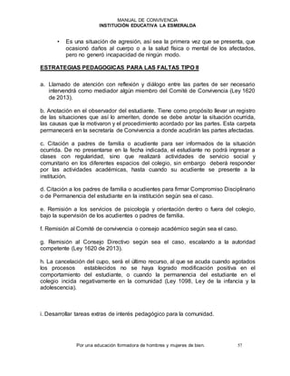 MANUAL DE CONVIVENCIA
INSTITUCIÓN EDUCATIVA LA ESMERALDA
Por una educación formadora de hombres y mujeres de bien. 57
• Es una situación de agresión, así sea la primera vez que se presenta, que
ocasionó daños al cuerpo o a la salud física o mental de los afectados,
pero no generó incapacidad de ningún modo.
ESTRATEGIAS PEDAGOGICAS PARA LAS FALTAS TIPO II
a. Llamado de atención con reflexión y diálogo entre las partes de ser necesario
intervendrá como mediador algún miembro del Comité de Convivencia (Ley 1620
de 2013).
b. Anotación en el observador del estudiante. Tiene como propósito llevar un registro
de las situaciones que así lo ameriten, donde se debe anotar la situación ocurrida,
las causas que la motivaron y el procedimiento acordado por las partes. Esta carpeta
permanecerá en la secretaría de Convivencia a donde acudirán las partes afectadas.
c. Citación a padres de familia o acudiente para ser informados de la situación
ocurrida. De no presentarse en la fecha indicada, el estudiante no podrá ingresar a
clases con regularidad, sino que realizará actividades de servicio social y
comunitario en los diferentes espacios del colegio, sin embargo deberá responder
por las actividades académicas, hasta cuando su acudiente se presente a la
institución.
d. Citación a los padres de familia o acudientes para firmar Compromiso Disciplinario
o de Permanencia del estudiante en la institución según sea el caso.
e. Remisión a los servicios de psicología y orientación dentro o fuera del colegio,
bajo la supervisión de los acudientes o padres de familia.
f. Remisión al Comité de convivencia o consejo académico según sea el caso.
g. Remisión al Consejo Directivo según sea el caso, escalando a la autoridad
competente (Ley 1620 de 2013).
h. La cancelación del cupo, será el último recurso, al que se acuda cuando agotados
los procesos establecidos no se haya logrado modificación positiva en el
comportamiento del estudiante, o cuando la permanencia del estudiante en el
colegio incida negativamente en la comunidad (Ley 1098, Ley de la infancia y la
adolescencia).
i. Desarrollar tareas extras de interés pedagógico para la comunidad.
 