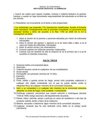 MANUAL DE CONVIVENCIA
INSTITUCIÓN EDUCATIVA LA ESMERALDA
Por una educación formadora de hombres y mujeres de bien. 58
j. Asumir los costos para reparar muebles, enseres o material didáctico en general,
siempre y cuando se haya demostrado responsabilidad del estudiante en el daño de
los mismos.
k. Presentarse con el acudiente en la fecha y hora programada.
l. Los estudiantes que presenten (15) inasistencias injustificadas, durante el trimestre
serán reportados inmediatamente ante la autoridad competente, en personería local,
bienestar familiar y SED, de acuerdo a la Res. 1740 de 2009 Art. 6. En la
investigación se debe:
1. Incluir la versión de la persona o personas afectadas por medio de entrevistas
individuales.
2. Incluir la versión del agresor o agresora (o la de todos ellos o ellas, si es el
caso) por medio de entrevistas individuales.
3. Incluir la versión de las y los observadores.
4. Conocer quiénes son todas las personas involucradas.
5. Conocer qué tan repetida ha sido la situación (si es la primera vez o si ya ha
sucedido en distintas ocasiones).
FALTA TIPO III
1. Ocasiona daños a la propiedad ajena.
2. Homicidio.
3. Violación (acceso carnal en cualquiera de sus modalidades).
4. Acoso sexual.
5. Pornografía con personas menores de 14 años.
6. Extorsión.
7. Secuestro.
8. Porta, exhibe o guarda armas de fuego, armas corto punzantes, explosivos o
cualquier otro objeto contundente con el que se pueda atentar contra la
integridad física de cualquier miembro de la comunidad educativa.
9. Herir a un compañero o a cualquier otro miembro de la comunidad educativa
utilizando un arma de fuego, corto punzante o contundente.
10.Distribuye sustancia psicoactiva que causen adicción o embriaguez (decreto
1108 de 1994) código nacional y del departamento de policía.
11.Planea, lidera, estimula, apoya o participa en actos de vandalismo u otro tipo de
conducta violenta dentro o fuera de la institución.
12.Retiene, secuestra o extorsiona algún miembro de la comunidad educativa.
13.Cualquier conducta que ha sido tipificada como delito en el código penal
colombiano.
 