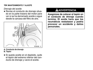 104 MANTENIMIENTO Y AJUSTE
Drenaje del aceite
• Revise el conducto de drenaje situa-
  do en la parte trasera del motor para
                                                     ADVERTENCIA
                                            Asegúrese de colocar el tapón en
  ver si se ha derramado aceite o agua      el conducto de drenaje cuando
  desde la carcasa del filtro de aire.      termine. El aceite haría que los
                                            neumáticos resbalasen y podría
                                            provocar un accidente y daños
                                            personales.




A. Conducto de drenaje
B. Tapón

• Si tapón del extremo inferior del quite
  el
     queda aceite en el depósito,
                                    con-
    ducto de drenaje y vacíe el aceite.
 