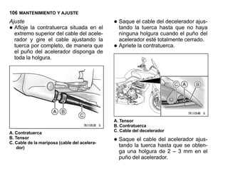 106 MANTENIMIENTO Y AJUSTE
Ajuste                                        • Saque la tuercadel decelerador haya
                                                       el cable                ajus-
• Afloje la contratuerca situada en el
  extremo superior del cable del acele-
                                                tando           hasta que no
                                                  ninguna holgura cuando el puño del
  rador y gire el cable ajustando la              acelerador esté totalmente cerrado.
  tuerca por completo, de manera que
  el puño del acelerador disponga de
                                              •   Apriete la contratuerca.

  toda la holgura.




                                              A. Tensor
                                              B. Contratuerca
A. Contratuerca                               C. Cable del decelerador
B. Tensor
C. Cable de la mariposa (cable del acelera-   • Saquelaeltuerca hasta que se obten-
                                                tando
                                                          cable del acelerador ajus-
    dor)
                                                  ga una holgura de 2 – 3 mm en el
                                                  puño del acelerador.
 