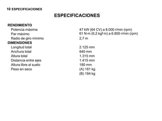 10 ESPECIFICACIONES
                          ESPECIFICACIONES

RENDIMIENTO
  Potencia máxima                 47 kW (64 CV) a 8.000 r/min (rpm)
  Par máximo                      61 N·m (6,2 kgf·m) a 6.800 r/min (rpm)
  Radio de giro mínimo            2,7 m
DIMENSIONES
  Longitud total                  2.125 mm
  Anchura total                   840 mm
  Altura total                    1.315 mm
  Distancia entre ejes            1.415 mm
  Altura libre al suelo           180 mm
  Peso en seco                    (A) 181 kg
                                  (B) 184 kg
 