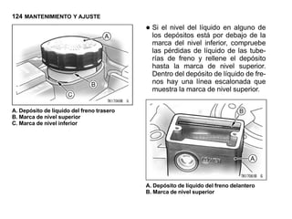 124 MANTENIMIENTO Y AJUSTE

                                           • Si el nivel delestá poren alguno de
                                             los depósitos
                                                             líquido
                                                                     debajo de la
                                             marca del nivel inferior, compruebe
                                             las pérdidas de líquido de las tube-
                                             rías de freno y rellene el depósito
                                             hasta la marca de nivel superior.
                                             Dentro del depósito de líquido de fre-
                                             nos hay una línea escalonada que
                                             muestra la marca de nivel superior.

A. Depósito de líquido del freno trasero
B. Marca de nivel superior
C. Marca de nivel inferior




                                           A. Depósito de líquido del freno delantero
                                           B. Marca de nivel superior
 