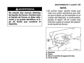 MANTENIMIENTO Y AJUSTE 125

                                                         NOTA
          ADVERTENCIA
                                      ○ En  primer lugar, apriete hasta que
No mezcle dos marcas distintas          note una suave resistencia que indi-
de líquido de frenos. Cambie todo       ca que el tapón se ha asentado en el
el líquido de frenos si debe relle-     cuerpo del depósito; a continuación,
narse y no puede identificar el ti-     apriete el tapón 1/6 de vuelta más
po de fluido que contiene el            mientras sujeta el cuerpo del depósi-
depósito.                               to de líquido de frenos.




                                      A. Depósito
                                      B. Tapón
                                      C. Girar en sentido de agujas del reloj
                                      D. 1/6 de vuelta
 