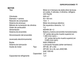 ESPECIFICACIONES 11

MOTOR
 Tipo                                    Motor en 4 tiempos de doble árbol de levas
                                         en culata, 4 válvulas, 2 cilindros, refrigera-
                                         ción líquida
 Cilindrada                              649 cm3
 Diámetro × carrera                      83 × 60 mm
 Relación de compresión                  10,6 : 1
 Sistema de arranque                     Motor de arranque eléctrico
 Método de numeración de cilindros       De izquierda a derecha, 1-2
 Orden de combustión                     1-2
 Alimentación                            KEIHIN 38 × 2
 Sistema de encendido                    Batería y bobina (encendido transistorizado)
                                         10° (antes del punto muerto superior) en
 Sincronización del encendido
                                         1.300 r/min (rpm) –
                                           33° (antes del punto muerto superior) en
 (avanzado electrónicamente)
                                           5.000 r/min (rpm)
 Bujías                                  NGK CR9EIA-9
 Sistema de lubricación                  Lubricación forzada (cárter semiseco)
 Aceite de motor              Tipo:      API SE, SF o SG
                                         API SH, SJ o SL con JASO MA
                                         SAE 10W-40
                              Capacidad: 2,4 l
 Capacidad de refrigerante               1,2 l
 
