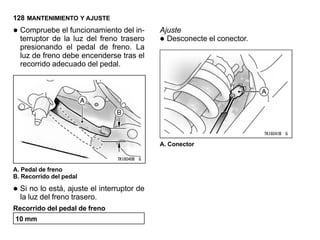128 MANTENIMIENTO Y AJUSTE

• Compruebe el funcionamientotrasero
                                del in-      Ajuste
  terruptor de la luz del freno
  presionando el pedal de freno. La
                                             • Desconecte el conector.

  luz de freno debe encenderse tras el
  recorrido adecuado del pedal.




                                             A. Conector



A. Pedal de freno
B. Recorrido del pedal

• Si luz delestá, ajuste el interruptor de
  la
      no lo
             freno trasero.
Recorrido del pedal de freno
10 mm
 