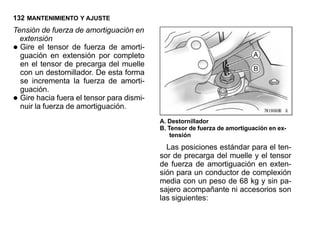 132 MANTENIMIENTO Y AJUSTE
Tensión de fuerza de amortiguación en
  extensión
• Gire el tensor de fuerza de amorti-
  guación en extensión por completo
  en el tensor de precarga del muelle
  con un destornillador. De esta forma
  se incrementa la fuerza de amorti-
  guación.
• Gire hacia fuera el tensor para dismi-
  nuir la fuerza de amortiguación.
                                           A. Destornillador
                                           B. Tensor de fuerza de amortiguación en ex-
                                               tensión

                                             Las posiciones estándar para el ten-
                                           sor de precarga del muelle y el tensor
                                           de fuerza de amortiguación en exten-
                                           sión para un conductor de complexión
                                           media con un peso de 68 kg y sin pa-
                                           sajero acompañante ni accesorios son
                                           las siguientes:
 
