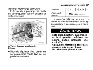 MANTENIMIENTO Y AJUSTE 135

Ajuste de la precarga del muelle            Posición          1   2   3   4   5   6   7
  El tensor de la precarga del muelle
del amortiguador trasero dispone de         Acción del
                                                                  Más fuerte ——→
                                            muelle
siete posiciones.
                                              La posición estándar para un con-
                                            ductor de constitución media de 68 kg,
                                            sin pasajero ni accesorios es la núme-
                                            ro 5.

                                                          ADVERTENCIA
                                             Esta unidad contiene gas nitróge-
                                             no de alta presión. Un fallo al ma-
                                             nejarla puede provocar una
                                             explosión.
                                             Consulte el Manual del taller para
A. Tensor de precarga del muelle
B. Llave                                     conocer más instrucciones.
                                             No la incinere, pinche o abra.
• Según precarga con la llave del ten-
  sor de
         la siguiente tabla, gire el
                                     jue-
  go de herramientas.
 