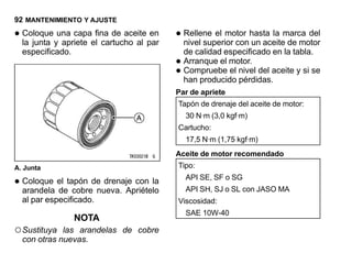 92 MANTENIMIENTO Y AJUSTE

• Coloqueyuna capaelfina de aceitepar
  la junta apriete    cartucho al
                                   en   • Rellene el motor hasta la marca del
                                          nivel superior con un aceite de motor
  especificado.                           de calidad especificado en la tabla.
                                        • Arranque el motor. del aceite y si se
                                        • Compruebe el nivel
                                          han producido pérdidas.
                                        Par de apriete
                                        Tapón de drenaje del aceite de motor:
                                          30 N·m (3,0 kgf·m)
                                        Cartucho:
                                          17,5 N·m (1,75 kgf·m)
                                        Aceite de motor recomendado
A. Junta                                Tipo:

• Coloque el tapón de drenaje con la
  arandela de cobre nueva. Apriételo
                                          API SE, SF o SG
                                          API SH, SJ o SL con JASO MA
  al par especificado.                  Viscosidad:
                                          SAE 10W-40
                  NOTA
○ Sustituya  las arandelas de cobre
  con otras nuevas.
 