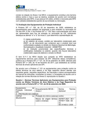 Secretaria de Inspeção do Trabalho - SIT
Departamento de Segurança e Saúde no Trabalho – DSST


conste na relação do Anexo I da NR-6, o equipamento constitua uma barreira
efetiva contra o risco a que se destina, avaliada de acordo com normativas
estabelecidas pelo MTE, e que possua CA válido, emitido e renovado pelo MTE
com validade estabelecida quando da sua emissão ou renovação.

7.2 Avaliação dos Equipamentos de Proteção Individual
A Portaria SIT n.º 126, de 02 de dezembro de 2009, estabelece os
procedimentos para cadastro de empresas e para emissão ou renovação do
CA dos EPI. O Art. 4 da Portaria SIT n.º 126, lista a documentação que deve
ser apresentada para fins de emissão ou renovação do CA, merecendo
destaque as alienas “a” e “b” do inciso V, que determina a apresentação de:

             V. cópias autenticadas:
             a) do relatório de ensaio, emitido por laboratório credenciado pelo
             DSST, ou de documento que comprove que o produto teve sua
             conformidade avaliada no âmbito do Sistema Nacional de Metrologia,
             Normalização e Qualidade Industrial - SINMETRO;
             b) da tradução juramentada das especificações técnicas e
             certificações realizadas no exterior, quando não houver laboratório
             credenciado capaz de elaborar o ensaio no Brasil;

O item 6.11.1 da NR-6 dispõe que compete ao MTE estabelecer os
regulamentos técnicos para ensaios de EPI. Utilizando dessa competência,
publicou-se a Portaria SIT n.º 121, de 30 de setembro de 2009, alterada pela
Portaria SIT n.º 205, de 10 de fevereiro de 2011, que estabelece as normas
técnicas de ensaio aplicáveis aos EPI.

De acordo com a Portaria n.º 121 os equipamentos para proteção contra os
efeitos térmicos do arco elétrico e do fogo repentino devem atender aos
requisitos gerais, requisitos específicos, de marcação e serem acompanhados
de manual de instruções, constantes no anexo I, e ensaiados de acordo com a
relação de normas técnicas do Anexo II, reproduzida no Quadro I.

Quadro I - Normas Técnicas Aplicáveis aos Equipamentos para Proteção
contra os Efeitos Térmicos do Arco Elétrico e do Fogo Repentino de
acordo com a Portaria SIT n.º 121, de 30 de setembro de 2009.

Equipamento        de
                      Enquadramento NR 06 -        Norma        Técnica
Proteção Individual -
                      Anexo I                      Aplicável
EPI
A - PROTEÇÃO DA CABEÇA
CAPUZ              ou Proteção do crânio e pescoço contra:
BALACLAVA
                      Riscos de origem térmica ASTM F 2621 - 06 +
                      (calor e chamas)             ASTM F 1506 - 08
                                                   ou
                                                   IEC 61482-2: 2009
                                                                             10
 