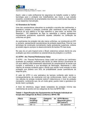 Secretaria de Inspeção do Trabalho - SIT
Departamento de Segurança e Saúde no Trabalho – DSST


Assim, cabe a cada profissional de segurança do trabalho avaliar a melhor
tecnologia para a proteção dos trabalhadores aos riscos a que estarão
expostos, considerando as propriedades dos tecidos e vestimentas disponíveis
e sua respectiva manutenção.

4.2 Gramatura do Tecido
Uma das características relevantes na avaliação e escolha das vestimentas, a
gramatura compõe a proteção conferida pela vestimenta contra os efeitos
térmicos do arco elétrico e do fogo repentino e, para tanto, os tecidos Fire
Retardant - FR (retardante ao fogo ou retardante a chama) apresentam
normalmente gramaturas superiores aqueles utilizados na confecção de
uniformes em geral.

As vestimentas de proteção não são meros uniformes, se constituindo em EPI
e, portanto, apresentando características de proteção específicas. Para tal, sua
tecnologia de construção normalmente impõe gramaturas superiores, embora
já existam alguns avanços no desenvolvimento de tecidos FR mais leves.

No caso de um país tropical como o Brasil, estaremos sempre diante de uma
avaliação que deve considerar as características de proteção e o conforto.

4.3 ATPV - Arc Thermal Performance Value
O ATPV - Arc Thermal Performance Value (valor em calorias por centímetro
quadrado da proteção conferida pelo tecido ao efeito térmico proveniente de
um arco elétrico) está diretamente relacionado às características do tecido que
compõe a vestimenta e sua tecnologia de fabricação. Representa o valor
máximo de energia incidente sobre o tecido que resulta numa energia no lado
protegido que poderia com 50% de probabilidade causar queimaduras de
segundo grau.

O valor do ATPV é uma estimativa da barreira conferida pelo tecido e,
consequentemente, da vestimenta com ele confeccionada. Assim, com base
nos cálculos da energia incidente (cal/cm2) determina-se o nível de proteção
necessário. Lembrando que, de um modo geral, quanto maior a gramatura do
tecido maior a proteção.

A título de referência, segue tabela (adaptada) de proteção mínima das
vestimentas de acordo com as categorias de risco da NFPA 70E:

Tabela 1: Especificação dos Equipamentos de Proteção Individual em
função das Categorias de Risco conforme a NFPA 70E

    Risco               Energia                 Categoria   de ATPV Mínimo
                        Incidente               Risco          Requerido para o
                        (cal/cm2)                              EPI (cal/cm2)
    Mínimo              até 1,2                        0           não aplicável
                                                                                   4
 