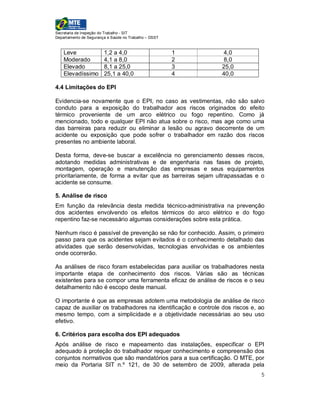 Secretaria de Inspeção do Trabalho - SIT
Departamento de Segurança e Saúde no Trabalho – DSST



    Leve                1,2 a 4,0                      1       4,0
    Moderado            4,1 a 8,0                      2       8,0
    Elevado             8,1 a 25,0                     3       25,0
    Elevadíssimo        25,1 a 40,0                    4       40,0

4.4 Limitações do EPI

Evidencia-se novamente que o EPI, no caso as vestimentas, não são salvo
conduto para a exposição do trabalhador aos riscos originados do efeito
térmico proveniente de um arco elétrico ou fogo repentino. Como já
mencionado, todo e qualquer EPI não atua sobre o risco, mas age como uma
das barreiras para reduzir ou eliminar a lesão ou agravo decorrente de um
acidente ou exposição que pode sofrer o trabalhador em razão dos riscos
presentes no ambiente laboral.

Desta forma, deve-se buscar a excelência no gerenciamento desses riscos,
adotando medidas administrativas e de engenharia nas fases de projeto,
montagem, operação e manutenção das empresas e seus equipamentos
prioritariamente, de forma a evitar que as barreiras sejam ultrapassadas e o
acidente se consume.

5. Análise de risco
Em função da relevância desta medida técnico-administrativa na prevenção
dos acidentes envolvendo os efeitos térmicos do arco elétrico e do fogo
repentino faz-se necessário algumas considerações sobre esta prática.

Nenhum risco é passível de prevenção se não for conhecido. Assim, o primeiro
passo para que os acidentes sejam evitados é o conhecimento detalhado das
atividades que serão desenvolvidas, tecnologias envolvidas e os ambientes
onde ocorrerão.

As análises de risco foram estabelecidas para auxiliar os trabalhadores nesta
importante etapa de conhecimento dos riscos. Várias são as técnicas
existentes para se compor uma ferramenta eficaz de análise de riscos e o seu
detalhamento não é escopo deste manual.

O importante é que as empresas adotem uma metodologia de análise de risco
capaz de auxiliar os trabalhadores na identificação e controle dos riscos e, ao
mesmo tempo, com a simplicidade e a objetividade necessárias ao seu uso
efetivo.

6. Critérios para escolha dos EPI adequados
Após análise de risco e mapeamento das instalações, especificar o EPI
adequado à proteção do trabalhador requer conhecimento e compreensão dos
conjuntos normativos que são mandatórios para a sua certificação. O MTE, por
meio da Portaria SIT n.º 121, de 30 de setembro de 2009, alterada pela
                                                                             5
 