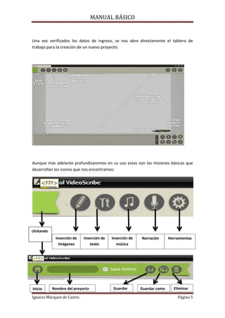 MANUAL BÁSICO
Una vez verificados los datos de ingreso, se nos abre directamente el tablero de
trabajo para la creación de un nuevo proyecto.

Aunque más adelante profundizaremos en su uso estas son las misiones básicas que
desarrollan los iconos que nos encontramos:

clickando
Inserción de
imágenes

IInicio

Ignacio Márquez de Castro

Inserción de
texto

Nombre del proyecto

Inserción de
música

Guardar

Narración

Guardar como

Herramientas

Página 5

Eliminar

 