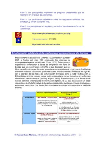 Fase   4:   Los   participantes   responden   las   preguntas   presentadas   que   se 
realizaron en el Círculo de Aprendizaje. 
Fase 5: Los participantes reflexionan sobre las respuestas recibidas, las 
sintetizan, y envían su informe final. 
Fase 6: Los participantes se despiden, y se finaliza formalmente el Círculo de 
Aprendizaje.
http://www.globalteenager.org/intro_es.php
 (http://www.iearn.org/circles/    en inglés)
http://senl.senl.edu.mx/circulos/
2. La formación a distancia: de la enseñanza por correspondencia al e­learning
Históricamente la Educación a Distancia (ED) empezó en Europa y 
USA   a   finales   del   siglo   XIX   empleando   los   sistemas   de 
correspondencia postal tradicionales (Erdos, 1972). Estas primeras 
experiencias  comenzaron  a  través  de  emigrantes  del  norte  de 
Europa que se encontraban en EE.UU. y que deseaban que sus 
hijos fueran formados por docentes que estaban en sus países de origen con la finalidad de 
mantener vivas sus costumbres y culturas locales. Posteriormente a mediados del siglo XX 
con la aparición de los medios de comunicación de masas, como la radio y la televisión, la 
ED recibió un enorme impulso ya que pudo empaquetarse cursos formativos en un formato 
bien sonoro, bien audiovisual (Martin y Ahijado, 1999). Posteriormente con el desarrollo de 
nuevos sistemas y tecnologías de información digitales, la ED está alacanzando un papel 
relevante en la oferta formativa de los países occidentales existiendo, incluso, instituciones 
educativas y empresas que desarrollan su actividad educativa exclusivamente a través de 
Internet. 
© Manuel Area Moreira. Introducción a la Tecnología Educativa. 2009 - 62 -
 