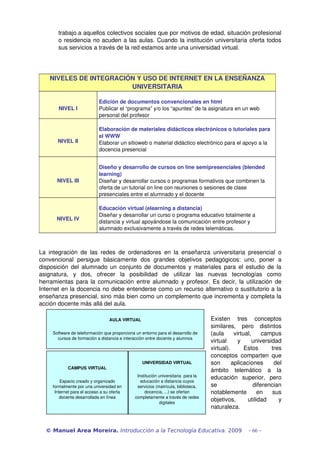 trabajo.a aquellos colectivos sociales que por motivos de edad, situación profesional 
o residencia no acuden a las aulas. Cuando la institución universitaria oferta todos 
sus servicios a través de la red estamos ante una universidad virtual.
NIVELES DE INTEGRACIÓN Y USO DE INTERNET EN LA ENSEÑANZA 
UNIVERSITARIA
NIVEL I
Edición de documentos convencionales en html
Publicar el “programa” y/o los “apuntes” de la asignatura en un web 
personal del profesor
NIVEL II
Elaboración de materiales didácticos electrónicos o tutoriales para 
el WWW
Elaborar un sitioweb o material didáctico electrónico para el apoyo a la 
docencia presencial
NIVEL III
Diseño y desarrollo de cursos on line semipresenciales (blended 
learning)
Diseñar y desarrollar cursos o programas formativos que combinen la 
oferta de un tutorial on line con reuniones o sesiones de clase 
presenciales entre el alumnado y el docente
NIVEL IV
Educación virtual (elearning a distancia)
Diseñar y desarrollar un curso o programa educativo totalmente a 
distancia y virtual apoyándose la comunicación entre profesor y 
alumnado exclusivamente a través de redes telemáticas.
La integración de las redes de ordenadores en la enseñanza universitaria presencial o 
convencional   persigue   básicamente   dos   grandes   objetivos   pedagógicos:   uno,   poner   a 
disposición del alumnado un conjunto de documentos y materiales para el estudio de la 
asignatura,   y   dos,   ofrecer   la   posibilidad   de   utilizar   las   nuevas   tecnologías   como 
herramientas para la comunicación entre alumnado y profesor. Es decir, la utilización de 
Internet en la docencia no debe entenderse como un recurso alternativo o sustitutorio a la 
enseñanza presencial, sino más bien como un complemento que incrementa y completa la 
acción docente más allá del aula.
Existen   tres   conceptos 
similares,   pero   distintos 
(aula   virtual,   campus 
virtual   y   universidad 
virtual).   Estos   tres 
conceptos comparten que 
son   aplicaciones   del 
ámbito   telemático   a   la 
educación   superior,   pero 
se   diferencian 
notablemente   en   sus 
objetivos,   utilidad   y 
naturaleza.
© Manuel Area Moreira. Introducción a la Tecnología Educativa. 2009 - 66 -
AULA VIRTUAL
Software de teleformación que proporciona un entorno para el desarrollo de 
cursos de formación a distancia e interacción entre docente y alumnos
CAMPUS VIRTUAL
Espacio creado y organizado 
formalmente por una universidad en 
Internet para el acceso a su oferta 
docente desarrollada en línea
UNIVERSIDAD VIRTUAL
Institución universitaria  para la 
educación a distancia cuyos 
servicios (matrícula, biblioteca, 
docencia, ...) se ofertan 
completamente a través de redes 
digitales
 