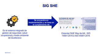 Anglo American
SIG SHE
Es el sistema integrado de
gestión de seguridad, salud
ocupacional y medio ambiente
de Quellaveco
Se encuentra en
implementación y se basa en
el cumplimiento de:
Estandar SHE Way de AA, ISO
14001:2015 e ISO 45001:2018
 