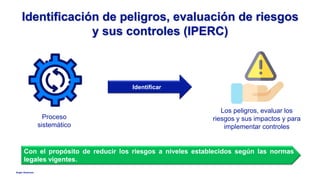 Anglo American
Identificación de peligros, evaluación de riesgos
y sus controles (IPERC)
Proceso
sistemático
Con el propósito de reducir los riesgos a niveles establecidos según las normas
legales vigentes.
Identificar
Los peligros, evaluar los
riesgos y sus impactos y para
implementar controles
 