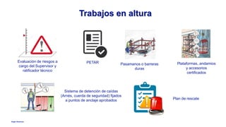 Anglo American
Trabajos en altura
Evaluación de riesgos a
cargo del Supervisor y
ratificador técnico
Sistema de detención de caídas
(Arnés, cuerda de seguridad) fijados
a puntos de anclaje aprobados
Pasamanos o barreras
duras
Plataformas, andamios
y accesorios
certificados
PETAR
Plan de rescate
 