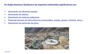 Anglo American
En Anglo American Quellaveco los aspectos ambientales significativos son:
 Generación de efluentes líquidos.
 Generación de relaves.
 Generación de residuos peligrosos.
 Potencial derrame de hidrocarburos (combustibles, aceites, grasas, hidrolina, otros.).
 Generación de partículas de polvo.
 
