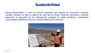 Anglo American
Sostenibilidad
Hemos desarrollado un plan de minería sostenible que fomenta la innovación y genera
grandes cambios en toda la cadena de valor de la minería. Nuestros principios y políticas
garantizan la seguridad de los trabajadores, protegen el medio ambiente y desarrollan
comunidades prósperas. Estamos comprometidos con la inclusión.
 