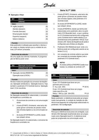Operação e Visor 
001 Idioma 
(idioma) 
Valor: 
Inglês (english) [0] 
Alemão (deutsch) [1] 
Francês (francais) [2] 
Dinamarquês (dansk) [3] 
Espanhol (espanol) [4] 
Italiano (italiano) [5] 
Funcão: 
Este parâmetro é utilizado para escolher o idioma a 
ser usado no display sempre que a unidade de con-trole 
LCP estiver conectada. 
Descricão da selecão: 
Há uma opção dos idiomas mostrados. A programa-ção 
de fábrica pode variar. 
002 Operação local/remota 
(OPERATION SITE) 
Valor: 
Operação remota (REMOTE) [0] 
Operação local (LOCAL) [1] 
Funcão: 
Há dois modos de operação do conversor de freqüên-cia; 
Operação remota [0] ou Operação local [1]. Veja 
também o parâmetro 013 Controle local se Operação 
local [1] for escolhida. 
Descricão da selecão: 
Se Operação remota [0] for selecionada, o conversor 
de freqüência é controlado via: 
1. Os terminais de controle ou via comunicação 
serial. 
2. A tecla [START]. Entretanto, esta tecla não 
pode ignorar comandos de parada vindos 
das entradas digitais ou via comunicação se-rial. 
3. As teclas [STOP/RESET] e [JOG], desde 
que estejam ativas. 
Se Operação local [1], for selecionada, o conversor de 
freqüência é controlado via: 
Série VLT® 2800 
1. A tecla [START]. Entretanto, esta tecla não 
pode ignorar comandos de parada vindos 
das entradas digitais (vide parâmetro 013 
Controle local). 
2. As teclas [STOP/RESET] e [JOG], desde 
que estejam ativas. 
3. A tecla [FWD/REV], desde que tenha sido 
selecionada como parâmetro ativo no parâ-metro 
016 Reversão local , e que o parâme-tro 
013 Controle local tenha sido configurado 
como Controle local e malha aberta [1] ou 
Controle local como parâmetro 100 [3]. O pa-râmetro 
200 Gama da freqüência de saída é 
configurado para Ambas as direções. 
4. Parâmetro 003 Referência local onde a re-ferência 
pode ser configurada usando-se as 
teclas [+] e [-]. 
5. Um comando de controle externo que pode 
ser conectado às entradas digitais (vide o 
parâmetro 013 Controle local ). 
NOTA! 
As teclas [JOG] e [FWD/REV] estão loca-lizadas 
na unidade de controle LCP. 
003 Referência local 
(LOCAL REFERENCE) 
Valor: 
O par. 013 Controle local deve ser pro-gramado 
para [1] ou [2]: 
0 - fMAX (par. 202) 50 Hz 
O par. 013 Controle local deve ser progra-mado 
para [3] ou [4]. 
RefMIN - Ref MAX (par. 204-205) 0,0 
Funcão: 
Neste parâmetro, a referência local pode ser progra-mada 
manualmente. A unidade de medição da refe-rência 
local depende da configuração selecionada no 
parâmetro 100 Configuração. 
Descricão da selecão: 
Para que a referência local possa ser protegida, o pa-râmetro 
002 Operação local/remota deve ser progra-mado 
como Operação local [1]. A referência local 
pode ser programada via comunicação serial. 
= programação de fábrica, () = texto no display, [] = Valores utilizados para a comunicação através da porta serial 
MG.27.A1.28 - VLT é uma marca registrada da Danfoss 11 
Programação 
 