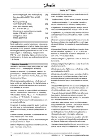 Alarm word [Hex] (ALARM WORD [HEX]) [26] 
Control word [Hex] (CONTROL WORD 
[HEX]) [27] 
Warning word [Hex] 
(WARNING WORD [HEX]) [28] 
Status word estendida [Hex] 
(EXT. STATUS [HEX]) [29] 
Advertência do opcional de comunicação 
(COMM OPT WARN [HEX]) [30] 
Contagem de pulsos 
(PULSE COUNTER) [31] 
Funcão: 
Neste parâmetro é possível selecionar o valor dos da-dos 
que deseja exibir na linha 2 do display da unidade 
de controle LCP 2, quando o conversor de freqüência 
estiver ligado. O display também será incluído na bar-ra 
de rolagem no modo display. Nos parâmetros 
010-012 Leitura do display, é possível selecionar ou-tros 
três valores de dados, que serão exibidos na linha 
1 do display. 
Descricão da selecão: 
Sem leitura somente pode ser selecionado nos parâ-metros 
010-012 Leitura pequena do display. 
Referência resultante [%] estabelece, na forma de 
porcentagem, a referência resultante, na faixa com-preendida 
entre Referência mínima, RefMIN e a Refe-rência 
máxima, RefMAX. 
Referência [unidade] estabelece a referência resul-tante, 
em Hz, em Malha aberta. Em Malha fechada, a 
unidade da referência é selecionada no parâmetro 
416 Unidades de processo. 
Feedback [unidade] dá o valor do sinal resultante ao 
utilizar a unidade/escala selecionada no parâmetro 
414 Feedback mínimo, FBLOW , 415 Feedback máxi-mo, 
FBHIGH e 416 Unidades de processo. 
Freqüência [Hz] fornece a freqüência de saída do con-versor 
de freqüência. 
Freqüência de saída x escala [-] é igual à freqüência 
de saída atual fM multiplicada pelo fator definido no 
parâmetro 008 Display da escala de freqüências de 
saída. 
Corrente do motor [A] fornece a corrente de fase do 
motor medida como valor eficaz. 
Torque [%] indica a carga atual do motor com relação 
ao torque nominal do motor. 
Potência [kW] fornece a potência instantânea, em kW, 
que o motor está consumindo. 
Série VLT® 2800 
Potência [HP] fornece a potência instantânea, em HP, 
que o motor está consumindo. 
Tensão do motor [V] dá a tensão fornecida ao motor. 
Tensão do barramento CC [V] fornece a tensão no 
circuito intermediário do conversor de freqüência. 
Carga térmica do motor [%] fornece a carga térmica 
calculada/estimada no motor. 100% é o limite de corte. 
Carga térmica [%] fornece a carga térmica calculada/ 
estimada no conversor de freqüências. 100% é o limite 
de corte. 
Horas em funcionamento [Horas] fornece as horas de 
funcionamento do motor, desde o último reset no pa-râmetro 
619 Reset do contador de horas de funciona-mento. 
Entrada digital [Código binário] fornece o status do si-nal 
das 5 entradas digitais (18, 19, 27, 29 e 33). O 
terminal 18 corresponde ao bit mais à esquerda. `0' = 
sem sinal, `1' = sinal conectado. 
Entrada analógica 53 [V] fornece o valor da tensão no 
terminal 53. 
Entrada analógica 60 [mA] fornece o valor da corrente 
atual no terminal 60. 
Referência de pulso [Hz] fornece a referência, em Hz, 
conectada ao terminal 33. 
Referência externa [%] fornece a soma das referênci-as 
externas, na forma de porcentagem, (a soma da 
comunicação analógica/impulso/digital) na faixa de 
Referência mínima, RefMIN até a Referência máxima, 
RefMAX. 
Status word [Hex] fornece uma ou várias condições de 
status, em hexadecimal. Consulte Comunicação seri-al 
no Guia de Design, para informações adicionais. 
Temp. do dissipador de calor [°C] fornece a tempera-tura 
atual do dissipador de calor do conversor de 
freqüência. O limite de corte é 90-100 °C, e a unidade 
só é ativada novamente em 70 ± 5 °C. 
Alarm word [Hex] fornece um ou vários alarmes em 
código hexadecimal. Consulte Comunicação serial no 
Guia de Design, para informações adicionais. 
Control word [Hex] fornece a control word do conver-sor 
de freqüência. Consulte Comunicação serial no 
Guia de Design, para informações adicionais. 
Warning word [Hex] fornece uma ou várias advertên-cias, 
em hexadecimal. Consulte Comunicação serial 
no Guia de Design, para informações adicionais. 
Status word estendida [Hex] fornece um ou vários mo-dos 
de status, em código hexadecimal. Consulte Co- 
= programação de fábrica, () = texto no display, [] = Valores utilizados para a comunicação através da porta serial 
14 MG.27.A1.28 - VLT é uma marca registrada da Danfoss 
 