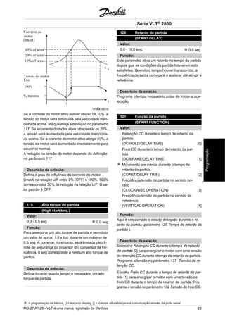 Se a corrente do motor ativo estiver abaixo de 10%, a 
tensão do motor será diminuída pela velocidade men-cionada 
acima, até que atinja a definição no parâmetro 
117. Se a corrente do motor ativo ultrapassar os 20%, 
a tensão será aumentada pela velocidade menciona-da 
acima. Se a corrente do motor ativo atingir 40%, a 
tensão do motor será aumentada imediatamente para 
seu nível normal. 
A redução na tensão do motor depende da definição 
no parâmetro 117. 
Descricão da selecão: 
Defina o grau de influência da corrente do motor 
[Imact] na relação U/F entre 0% (OFF) e 100%. 100% 
corresponde a 50% de redução na relação U/F. O va-lor 
padrão é OFF. 
119 Alto torque de partida 
(High start torq.) 
Valor: 
0,0 - 0,5 seg 0,0 seg 
Funcão: 
Para assegurar um alto torque de partida é permitido 
um valor de aprox. 1.8 x IINV. durante um máximo de 
0,5 seg. A corrente, no entanto, está limitada pelo li-mite 
de segurança do (inversor do) conversor de fre-qüência. 
0 seg corresponde a nenhum alto torque de 
partida. 
Descricão da selecão: 
Defina durante quanto tempo é necessário um alto 
torque de partida. 
Série VLT® 2800 
120 Retardo da partida 
(START DELAY) 
Valor: 
0,0 - 10,0 seg. 0,0 seg. 
Funcão: 
Este parâmetro ativa um retardo no tempo da partida 
depois que as condições da partida houverem sido 
satisfeitas. Quando o tempo houver transcorrido, a 
freqüência de saída começará a acelerar até atingir a 
referência. 
Descricão da selecão: 
Programe o tempo necessário antes de iniciar a ace-leração. 
121 Função da partida 
(START FUNCTION) 
Valor: 
Retenção CC durante o tempo de retardo da 
partida 
(DC HOLD/DELAY TIME) [0] 
Freio CC durante o tempo de retardo da par-tida 
(DC BRAKE/DELAY TIME) [1] 
Movimento por inércia durante o tempo de 
retardo da partida 
(COAST/DELAY TIME) [2] 
Freqüência/tensão de partida no sentido ho-rário 
(CLOCKWISE OPERATION) [3] 
Freqüência/tensão de partida na sentido da 
referência 
(VERTICAL OPERATION) [4] 
Funcão: 
Aqui é selecionado o estado desejado durante o re-tardo 
da partida (parâmetro 120 Tempo de retardo da 
partida ). 
Descricão da selecão: 
Selecione Retenção CC durante o tempo de retardo 
da partida [0] para energizar o motor com uma tensão 
de retenção CC durante o tempo de retardo da partida. 
Programe a tensão no parâmetro 137 Tensão de re-tenção 
CC. 
Escolha Freio CC durante o tempo de retardo da par-tida 
[1] para energizar o motor com uma tensão de 
freio CC durante o tempo de retardo da partida. Pro-grame 
a tensão no parâmetro 132 Tensão do freio CC. 
= programação de fábrica, () = texto no display, [] = Valores utilizados para a comunicação através da porta serial 
MG.27.A1.28 - VLT é uma marca registrada da Danfoss 23 
Programação 
 