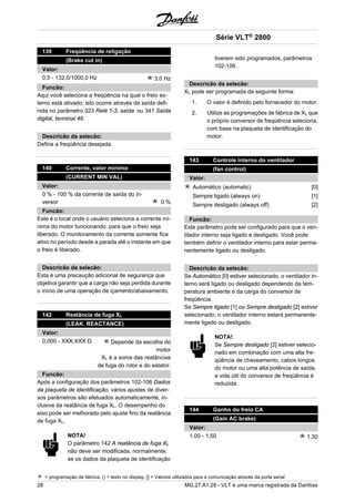 139 Freqüência de religação 
(Brake cut in) 
Valor: 
0,5 - 132,0/1000,0 Hz 3,0 Hz 
Funcão: 
Aqui você seleciona a freqüência na qual o freio ex-terno 
está ativado; isto ocorre através da saída defi-nida 
no parâmetro 323 Relé 1-3, saída ou 341 Saída 
digital, terminal 46. 
Descricão da selecão: 
Defina a freqüência desejada. 
140 Corrente, valor mínimo 
(CURRENT MIN VAL) 
Valor: 
0 % - 100 % da corrente de saída do in-versor 
0 % 
Funcão: 
Este é o local onde o usuário seleciona a corrente mí-nima 
do motor funcionando, para que o freio seja 
liberado. O monitoramento da corrente somente fica 
ativo no período desde a parada até o instante em que 
o freio é liberado. 
Descricão da selecão: 
Esta é uma precaução adicional de segurança que 
objetiva garantir que a carga não seja perdida durante 
o início de uma operação de içamento/abaixamento. 
142 Reatância de fuga XL 
(LEAK. REACTANCE) 
Valor: 
0,000 - XXX.XXX Ω Depende da escolha do 
motor 
XL é a soma das reatâncias 
de fuga do rotor e do estator. 
Funcão: 
Após a configuração dos parâmetros 102-106 Dados 
da plaqueta de identificação, vários ajustes de diver-sos 
parâmetros são efetuados automaticamente, in-clusive 
da reatância de fuga XL. O desempenho do 
eixo pode ser melhorado pelo ajuste fino da reatância 
de fuga XL. 
NOTA! 
O parâmetro 142 A reatância de fuga XL 
não deve ser modificada, normalmente, 
se os dados da plaqueta de identificação 
Série VLT® 2800 
tiverem sido programados, parâmetros 
102-106. 
Descricão da selecão: 
XL pode ser programada da seguinte forma: 
1. O valor é definido pelo fornecedor do motor. 
2. Utilize as programações de fábrica de XL que 
o próprio conversor de freqüência seleciona, 
com base na plaqueta de identificação do 
motor. 
143 Controle interno do ventilador 
(fan control) 
Valor: 
Automático (automatic) [0] 
Sempre ligado (always on) [1] 
Sempre desligado (always off) [2] 
Funcão: 
Este parâmetro pode ser configurado para que o ven-tilador 
interno seja ligado e desligado. Você pode 
também definir o ventilador interno para estar perma-nentemente 
ligado ou desligado. 
Descricão da selecão: 
Se Automático [0] estiver selecionado, o ventilador in-terno 
será ligado ou desligado dependendo da tem-peratura 
ambiente e da carga do conversor de 
freqüência. 
Se Sempre ligado [1] ou Sempre desligado [2] estiver 
selecionado, o ventilador interno estará permanente-mente 
ligado ou desligado. 
NOTA! 
Se Sempre desligado [2] estiver selecio-nado 
em combinação com uma alta fre-qüência 
de chaveamento, cabos longos 
do motor ou uma alta potência de saída, 
a vida útil do conversor de freqüência é 
reduzida. 
144 Ganho do freio CA 
(Gain AC brake) 
Valor: 
1,00 - 1,50 1,30 
= programação de fábrica, () = texto no display, [] = Valores utilizados para a comunicação através da porta serial 
28 MG.27.A1.28 - VLT é uma marca registrada da Danfoss 
 
