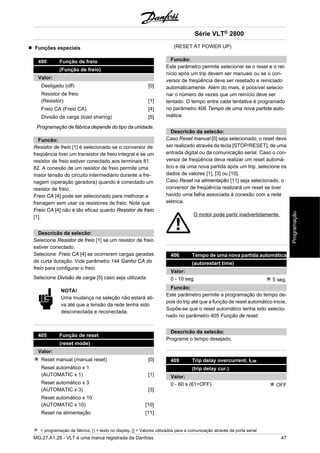 Funções especiais 
400 Função de freio 
(Função de freio) 
Valor: 
Desligado (off) [0] 
Resistor de freio 
(Resistor) [1] 
Freio CA (Freio CA) [4] 
Divisão de carga (load sharing) [5] 
Programação de fábrica depende do tipo da unidade. 
Funcão: 
Resistor de freio [1] é selecionado se o conversor de 
freqüência tiver um transistor de freio integral e se um 
resistor de freio estiver conectado aos terminais 81, 
82. A conexão de um resistor de freio permite uma 
maior tensão do circuito intermediário durante a fre-nagem 
(operação geradora) quando é conectado um 
resistor de freio. 
Freio CA [4] pode ser selecionado para melhorar a 
frenagem sem usar os resistores de freio. Note que 
Freio CA [4] não é tão eficaz quanto Resistor de freio 
[1]. 
Descricão da selecão: 
Selecione Resistor de freio [1] se um resistor de freio 
estiver conectado. 
Selecione Freio CA [4] se ocorrerem cargas geradas 
de curta duração. Vide parâmetro 144 Ganho CA do 
freio para configurar o freio. 
Selecione Divisão de carga [5] caso seja utilizada. 
NOTA! 
Uma mudança na seleção não estará ati-va 
até que a tensão da rede tenha sido 
desconectada e reconectada. 
405 Função de reset 
(reset mode) 
Valor: 
Reset manual (manual reset) [0] 
Reset automático x 1 
(AUTOMATIC x 1) [1] 
Reset automático x 3 
(AUTOMATIC x 3) [3] 
Reset automático x 10 
(AUTOMATIC x 10) [10] 
Reset na alimentação [11] 
Série VLT® 2800 
(RESET AT POWER UP) 
Funcão: 
Este parâmetro permite selecionar se o reset e o rei-nício 
após um trip devem ser manuais ou se o con-versor 
de freqüência deve ser resetado e reiniciado 
automaticamente. Além do mais, é possível selecio-nar 
o número de vezes que um reinício deve ser 
tentado. O tempo entre cada tentativa é programado 
no parâmetro 406 Tempo de uma nova partida auto-mática. 
Descricão da selecão: 
Caso Reset manual [0] seja selecionado, o reset deve 
ser realizado através da tecla [STOP/RESET], de uma 
entrada digital ou da comunicação serial. Caso o con-versor 
de freqüência deva realizar um reset automá-tico 
e da uma nova partida após um trip, selecione os 
dados de valores [1], [3] ou [10]. 
Caso Reset na alimentação [11] seja selecionado, o 
conversor de freqüência realizará um reset se tiver 
havido uma falha associada à conexão com a rede 
elétrica. 
O motor pode partir inadvertidamente. 
406 Tempo de uma nova partida automática 
(autorestart time) 
Valor: 
0 - 10 seg. 5 seg. 
Funcão: 
Este parâmetro permite a programação do tempo de-pois 
do trip até que a função de reset automático inicie. 
Supõe-se que o reset automático tenha sido selecio-nado 
no parâmetro 405 Função de reset. 
Descricão da selecão: 
Programe o tempo desejado. 
409 Trip delay overcurrent, ILIM 
(trip delay cur.) 
Valor: 
0 - 60 s (61=OFF) OFF 
= programação de fábrica, () = texto no display, [] = Valores utilizados para a comunicação através da porta serial 
MG.27.A1.28 - VLT é uma marca registrada da Danfoss 47 
Programação 
 