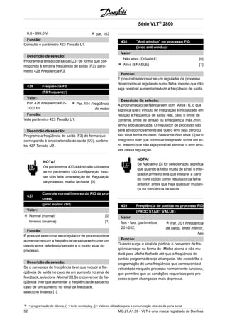 0,0 - 999,0 V par. 103 
Funcão: 
Consulte o parâmetro 423 Tensão U1. 
Descricão da selecão: 
Programe a tensão de saída (U3) de forma que cor-responda 
â terceira freqüência de saída (F3), parâ-metro 
428 Freqüência F3. 
428 Freqüência F3 
(F3 frequency) 
Valor: 
Par. 426 Freqüência F2 - 
1000 Hz 
Par. 104 Freqüência 
do motor 
Funcão: 
Vide parâmetro 423 Tensão U1. 
Descricão da selecão: 
Programe a freqüência de saída (F3) de forma que 
corresponda à terceira tensão de saída (U3), parâme-tro 
427 Tensão U3 . 
NOTA! 
Os parâmetros 437-444 só são utilizados 
se no parâmetro 100 Configuração hou-ver 
sido feita uma seleção de Regulação 
de processo, malha fechada. [3]. 
437 Controle normal/inverso do PID de pro-cesso 
(proc no/inv ctrl) 
Valor: 
Normal (normal) [0] 
Inverso (inverse) [1] 
Funcão: 
É possível selecionar se o regulador de processo deve 
aumentar/reduzir a freqüência de saída se houver um 
desvio entre referência/setpoint e o modo atual do 
processo. 
Descricão da selecão: 
Se o conversor de freqüência tiver que reduzir a fre-qüência 
de saída no caso de um aumento no sinal de 
feedback, selecione Normal [0].Se o conversor de fre-qüência 
tiver que aumentar a freqüência de saída no 
caso de um aumento no sinal de feedback, 
selecione Inverso [1]. 
Série VLT® 2800 
438 "Anti windup" no processo PID 
(proc anti windup) 
Valor: 
Não ativa (DISABLE) [0] 
Ativa (ENABLE) [1] 
Funcão: 
É possível selecionar se um regulador de processo 
deve continuar regulando numa falha, mesmo que não 
seja possível aumentar/reduzir a freqüência de saída. 
Descricão da selecão: 
A programação de fábrica vem com Ativa [1], o que 
significa que o vínculo de integração é inicializado em 
relação à freqüência de saída real, caso o limite de 
corrente, limite de tensão ou a freqüência máx./mín. 
tenha sido alcançada. O regulador de processo não 
será ativado novamente até que o erro seja zero ou 
seu sinal tenha mudado. Selecione Não ativa [0] se o 
integrador tiver que continuar integrando sobre um er-ro, 
mesmo que não seja possível eliminar o erro atra-vés 
dessa regulação. 
NOTA! 
Se Não ativa [0] for selecionado, significa 
que quando a falha muda de sinal, o inte-grador 
primeiro terá que integrar a partir 
do nível obtido como resultado da falha 
anterior, antes que haja qualquer mudan-ça 
na freqüência de saída. 
439 Freqüência de partida no processo PID 
(PROC START VALUE) 
Valor: 
fMIN - fMAX (parâmetros 
201/202) 
Par. 201 Freqüência 
de saída, limite inferior, 
fMIN 
Funcão: 
Quando surge o sinal de partida, o conversor de fre-qüência 
reage na forma de Malha aberta e não mu-dará 
para Malha fechada até que a freqüência de 
partida programada seja alcançada. Isto possibilita a 
programação de uma freqüência que corresponda à 
velocidade na qual o processo normalmente funciona, 
que permitirá que as condições requeridas pelo pro-cesso 
sejam alcançadas mais depressa. 
= programação de fábrica, () = texto no display, [] = Valores utilizados para a comunicação através da porta serial 
52 MG.27.A1.28 - VLT é uma marca registrada da Danfoss 
 