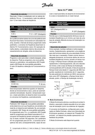 Descricão da selecão: 
Descrição: O fator é multiplicado com os valores de 
potência. Por ex., 1.2 aumentará o valor da potência 
com 1.2 em toda a faixa de freqüência. 
470 Timeout do Funcionamento a Seco 
(DRY RUN TIME OUT) 
Valor: 
5-30 s 31 = OFF (Desligado) 
Funcão: 
Se a potência estiver abaixo da curva de potência sem 
fluxo/com fluxo baixo, funcionando em velocidade má-xima, 
durante o intervalo de tempo programado neste 
parâmetro, o conversor de freqüência desarmará no 
Alarme 75: Funcionamento a seco. Em operação de 
malha aberta, a velocidade máxima não precisa ne-cessariamente 
ser atingida, antes de desarmar. 
Descricão da selecão: 
Programe o valor para obter o retardo desejado, antes 
do desarme. Pode-se programar uma nova partida 
manual ou automática, nos parâmetros 405 Função 
reset e 406Tempo de nova partida automática. 
O valor 30 desativa a detecção do Funcionamento a 
seco. 
471 Temporizador do Travamento do Fun-cionamento 
a Seco 
(Dry run int time) 
Valor: 
0,5-60 min. 30 min. 
Funcão: 
Este temporizador determina quando um desarme, 
devido ao funcionamento a seco, pode ser automati-camente 
reinicializado. Quando o temporizador expi-rar, 
o reset automático do desarme dará nova partida 
no conversor de freqüência, automaticamente. 
Descricão da selecão: 
Parâmetro 406 Tempo de nova partida automática 
ainda determina com que freqüência uma tentativa de 
reset de um desarme será realizada. Se, por exemplo, 
o parâmetro 406 Tempo de nova partida automática 
for programado para 10 s, e o parâmetro 405 Função 
reset for programado para Reset Automáticox10, o 
conversor de freqüência tentará reinicializar o desar-me 
10 vezes, durante 100 segundos. Se o parâmetro 
471 for programado para 30 min., o conversor de fre-qüência 
não será, conseqüentemente, capaz de exe-cutar 
Série VLT® 2800 
o reset automático do desarme do funcionamen-to 
a seco e necessitará de um reset manual. 
484 Rampa inicial 
(INITIAL RAMP) 
Valor: 
OFF (Desligado)/000,1s - 
360,0 s OFF (Desligado) 
Funcão: 
Permite que o motor/equipamento diminua a sua ve-locidade 
(freqüência) a um mínimo, por meio de uma 
taxa de variação diferente da taxa de Aceleração nor-mal 
(param. 207). 
Descricão da selecão: 
Como exemplo, bombas verticais e outros equipa-mentos, 
freqüentemente, apresentam uma exigência 
para não funcionar abaixo de uma velocidade mínima, 
não mais que o necessário. Podem ocorrer danos e 
desgaste excessivos, ao funcionar abaixo de uma ve-locidade 
(freqüência) mínima, durante um tempo mui-to 
longo. A Rampa Inicial é utilizada para acelerar 
rapidamente o motor/equipamento, até uma velocida-de 
mínima, onde a taxa da Rampa de Aceleração 
normal (parâmetro 207) é ativada. A faixa de ajuste da 
Rampa Inicial varia desde 0,1 segundos até 360,0 se-gundos; 
ajustável em incrementos de 0,1 segundos. 
Se este parâmetro for definido em 000,0, ele será exi-bido 
como OFF (Desligado), a Rampa Inicial não é 
ativada, porém, a Rampa de Aceleração normal é. 
Modo Enchimento 
O Modo Enchimento elimina a ocorrência do aríete hi-dráulico, 
associado à rápida exaustão do ar em siste-mas 
de tubulação (como nos sistemas de irrigação). 
O conversor de freqüência, configurado para a ope-ração 
em Malha Fechada, utiliza uma Velocidade de 
Enchimento ajustável, um setpoint de "Pressão Pre-enchida", 
um setpoint de pressão operacional e um 
feedback de pressão. 
O Modo Enchimento está disponível quando: 
= programação de fábrica, () = texto no display, [] = Valores utilizados para a comunicação através da porta serial 
60 MG.27.A1.28 - VLT é uma marca registrada da Danfoss 
 