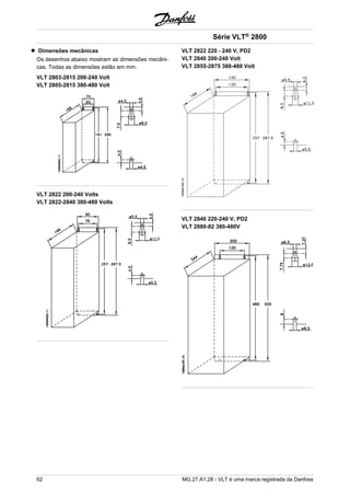 Dimensões mecânicas 
Os desenhos abaixo mostram as dimensões mecâni-cas. 
Todas as dimensões estão em mm. 
VLT 2803-2815 200-240 Volt 
VLT 2805-2815 380-480 Volt 
VLT 2822 200-240 Volts 
VLT 2822-2840 380-480 Volts 
Série VLT® 2800 
VLT 2822 220 - 240 V, PD2 
VLT 2840 200-240 Volt 
VLT 2855-2875 380-480 Volt 
VLT 2840 220-240 V, PD2 
VLT 2880-82 380-480V 
62 MG.27.A1.28 - VLT é uma marca registrada da Danfoss 
 