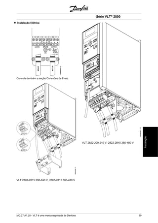 Instalação Elétrica 
Consulte também a seção Conexões de Freio. 
VLT 2803-2815 200-240 V, 2805-2815 380-480 V 
Série VLT® 2800 
VLT 2822 200-240 V, 2822-2840 380-480 V 
MG.27.A1.28 - VLT é uma marca registrada da Danfoss 69 
Instalação 
 