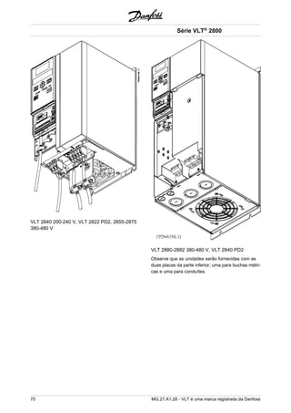 VLT 2840 200-240 V, VLT 2822 PD2, 2855-2875 
380-480 V 
Série VLT® 2800 
VLT 2880-2882 380-480 V, VLT 2840 PD2 
Observe que as unidades serão fornecidas com as 
duas placas da parte inferior; uma para buchas métri-cas 
e uma para conduítes. 
70 MG.27.A1.28 - VLT é uma marca registrada da Danfoss 
 