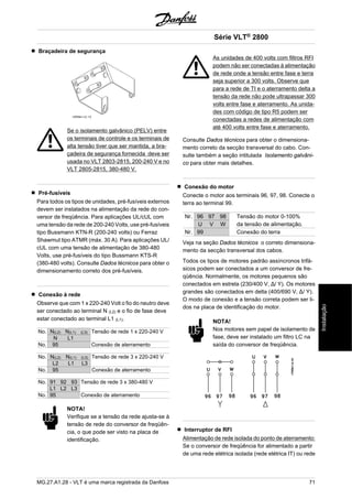 Braçadeira de segurança 
Se o isolamento galvânico (PELV) entre 
os terminais de controle e os terminais de 
alta tensão tiver que ser mantida, a bra-çadeira 
de segurança fornecida deve ser 
usada no VLT 2803-2815, 200-240 V e no 
VLT 2805-2815, 380-480 V. 
Pré-fusíveis 
Para todos os tipos de unidades, pré-fusíveis externos 
devem ser instalados na alimentação da rede do con-versor 
de freqüência. Para aplicações UL/cUL com 
uma tensão da rede de 200-240 Volts, use pré-fusíveis 
tipo Bussmann KTN-R (200-240 volts) ou Ferraz 
Shawmut tipo ATMR (máx. 30 A). Para aplicações UL/ 
cUL com uma tensão de alimentação de 380-480 
Volts, use pré-fusíveis do tipo Bussmann KTS-R 
(380-480 volts). Consulte Dados técnicos para obter o 
dimensionamento correto dos pré-fusíveis. 
Conexão à rede 
Observe que com 1 x 220-240 Volt o fio do neutro deve 
ser conectado ao terminal N (L2) e o fio de fase deve 
estar conectado ao terminal L1 (L1). 
No. N(L2) N(L1) (L3) Tensão de rede 1 x 220-240 V 
N L1 
No. 95 Conexão de aterramento 
No. N(L2) N(L1) (L3) Tensão de rede 3 x 220-240 V 
L2 L1 L3 
No. 95 Conexão de aterramento 
No. 91 92 93 Tensão de rede 3 x 380-480 V 
L1 L2 L3 
No. 95 Conexão de aterramento 
NOTA! 
Verifique se a tensão da rede ajusta-se à 
tensão de rede do conversor de freqüên-cia, 
o que pode ser visto na placa de 
identificação. 
Série VLT® 2800 
As unidades de 400 volts com filtros RFI 
podem não ser conectadas à alimentação 
de rede onde a tensão entre fase e terra 
seja superior a 300 volts. Observe que 
para a rede de TI e o aterramento delta a 
tensão da rede não pode ultrapassar 300 
volts entre fase e aterramento. As unida-des 
com código de tipo R5 podem ser 
conectadas a redes de alimentação com 
até 400 volts entre fase e aterramento. 
Consulte Dados técnicos para obter o dimensiona-mento 
correto da secção transversal do cabo. Con-sulte 
também a seção intitulada Isolamento galvâni-co 
para obter mais detalhes. 
Conexão do motor 
Conecte o motor aos terminais 96, 97, 98. Conecte o 
terra ao terminal 99. 
Nr. 96 97 98 Tensão do motor 0-100% 
U V W da tensão de alimentação. 
Nr. 99 Conexão do terra 
Veja na seção Dados técnicos o correto dimensiona-mento 
da secção transversal dos cabos. 
Todos os tipos de motores padrão assíncronos trifá-sicos 
podem ser conectados a um conversor de fre-qüência. 
Normalmente, os motores pequenos são 
conectados em estrela (230/400 V, Δ/ Y). Os motores 
grandes são conectados em delta (400/690 V, Δ/ Y). 
O modo de conexão e a tensão correta podem ser li-dos 
na placa de identificação do motor. 
NOTA! 
Nos motores sem papel de isolamento de 
fase, deve ser instalado um filtro LC na 
saída do conversor de freqüência. 
Interruptor de RFI 
Alimentação de rede isolada do ponto de aterramento: 
Se o conversor de freqüência for alimentado a partir 
de uma rede elétrica isolada (rede elétrica IT) ou rede 
MG.27.A1.28 - VLT é uma marca registrada da Danfoss 71 
Instalação 
 