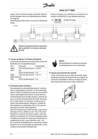seguir). Para a divisão da carga o parâmetro 400 Fun-ção 
de frenagem deve ser programada para Divisão 
da carga [5]. 
Utilize Plugues Faston de 6,3 mm para CC (Divisão da 
carga). 
Série VLT® 2800 
Entre em contacto com a Danfoss ou consulte as ins-truções 
no.MI.50.NX.02, para detalhes adicionais. 
N°. 88 89 Divisão da carga 
- + 
Observe que podem ocorrer níveis de ten-são 
de até 850 V CC entre os terminais 
88 e 89. 
Torque de Aperto, Terminais de Potência 
Os terminais de potência e de aterramento devem ser 
apertados com os seguintes torques: 
VLT Terminais Torque [Nm] 
2803- 
Freio da rede de ener-gia 
0.5-0.6 
2875 
Ponto de aterramento 2-3 
2880- 
2882, 2840 
PD2 
Freio da rede de ener-gia 
1.2-1.5 
Ponto de aterramento 2-3 
Controle do freio mecânico 
Nas aplicações de elevação/abaixamento, é preciso 
haver a capacidade de controlar um freio eletromag-nético. 
O freio é controlado por meio de uma saída do 
relé ou saída digital (terminal 46). A saída deve ser 
mantida fechada (sem tensão) durante o período em 
que o conversor de freqüências não puder 'dar supor-te' 
ao motor devido, por exemplo, ao fato de que a 
carga é demasiada grande. Selecione Controle do 
freio mecânico nos parâmetros 323 ou 341 para as 
aplicações com freio eletromagnético. 
Quando a freqüência de saída exceder o valor de de-sativação 
do freio, definido no par. 138, o freio será 
liberado se a corrente do motor exceder o valor pré-definido 
no parâmetro 140. O freio é acoplado quando 
a freqüência de saída for menor que a freqüência de 
acoplamento do freio, que é definida no par. 139. 
Se o conversor de freqüências for colocado em estado 
de alarme ou em uma situação de sobretensão, o freio 
mecânico será ativado imediatamente. 
NOTA! 
Esta aplicação só é válida para levanta-mento/ 
abaixamento sem contra-peso. 
Acesso aos terminais de controle 
Todos os terminais para os cabos de controle estão 
localizados embaixo da tampa frontal de proteção do 
conversor de freqüência. Remova a tampa de prote-ção 
empurrando-a para baixo (veja o desenho). 
74 MG.27.A1.28 - VLT é uma marca registrada da Danfoss 
 