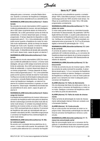 adequada para o conversor, consulte Dados técni-cos. 
Quando o conversor de freqüência é desligado, 
aparece uma breve advertência 6 (e a advertência 8). 
WARNING/ALARM (Advertência/Alarme) 7: Sobre-tensão 
Se a tensão do circuito intermediário (UDC) superar o 
Limite de sobretensão do inversor, ele será desligado, 
até a UDC estar novamente abaixo do limite de so-bretensão. 
Se a UDC permanecer acima do limite de 
sobretensão, o inversor desarmará após um tempo 
programado. O tempo depende do dispositivo e está 
programado para 5 - 10 s. Uma sobretensão na UDC 
pode ocorrer quando a freqüência do motor for redu-zida 
muito rapidamente, devido ao tempo de desace-leração 
ser muito curto. Quando o inversor é desliga-do, 
é gerada uma reinicialização de desarme. 
Observação: A Advertência de tensão alta (advertên-cia 
5) será, desse modo, capaz de gerar um alarme 7. 
WARNING/ALARM (Advertência/Alarme) 8: Sub-tensão 
Se a tensão do circuito intermediário (UDC) for menor 
que o Limite de subtensão do inversor, o inversor será 
desligado, até que a UDC esteja novamente acima do 
limite de subtensão. Se a UDC permanecer abaixo do 
limite de subtensão, o inversor desarmará depois de 
um tempo programado. O tempo depende do dispo-sitivo 
e está programado para 2 - 15 s. Uma subtensão 
pode ocorrer quando a tensão de rede for muito baixa. 
Verifique se a tensão de alimentação é adequada para 
o conversor, consulte Dados técnicos. Quando o con-versor 
de freqüência é desligado, um alarme 8 (e 
alarme 6) é exibido brevemente e é gerado um reset 
de desarme. Observação: Advertência de tensão bai-xa 
(advertência 6) será, assim, capaz de gerar um 
alarme 8. 
WARNING/ALARM (Advertência/Alarme) 9: Sobre-carga 
do inversor 
A proteção térmica eletrônica do inversor indica que o 
conversor de freqüência está muito perto do desarme, 
devido à sobrecarga (corrente de saída muito alta du-rante 
muito tempo). O contador da proteção térmica 
eletrônica do inversor emite um aviso a 98% e desar-ma 
a 100% acompanhado de um alarme. O conversor 
de freqüência não pode ser reinicializado até que o 
contador caia abaixo de 90%. Esta falha surge porque 
o conversor de freqüência ficou sobrecarregado du-rante 
muito tempo. 
WARNING/ALARM (Advertência/Alarme) 10: Mo-tor 
sobrecarregado 
De acordo com a proteção térmica eletrônica do in-versor, 
o motor está muito quente. No parâmetro 128, 
o usuário pode selecionar se o conversor de freqüên-cia 
Série VLT® 2800 
deve emitir uma advertência quando o contador 
atingir 100%. Esta falha é porque o motor esteve com 
sobrecarga acima de 100% durante muito tempo. Ve-rifique 
se os parâmetros do motor 102 a 106 estão 
programados corretamente. 
WARNING/ALARM (Advertência/Alarme) 11: Ter-mistor 
do motor 
O motor está quente demais ou o termistor/conexão 
do termistor foi desconectado. No parâmetro 128 Pro-teção 
térmica do motor, o usuário pode selecionar se 
o transformador de freqüência emite um aviso ou alar-me. 
Verifique se o termistor PTC está conectado cor-retamente 
entre os terminais 18, 19, 27 ou 29 (entrada 
digital) e terminal 50 (alimentação de + 10 V). 
WARNING/ALARM (Advertência/Alarme) 12: Limi-te 
de corrente 
A corrente de saída é maior que o valor definido no 
parâmetro 221 Limite de corrente LIM, e o conversor de 
freqüência desarmará depois de um tempo programa-do, 
selecionado no parâmetro 409 Sobrecorrente de 
retardo do desarme. 
WARNING/ALARM (Advertência/Alarme) 13: So-brecorrente 
O limite da corrente de pico do inversor (aprox. 200% 
da corrente de saída nominal) foi excedida. A adver-tência 
durará aprox. 1-2 s e o conversor de freqüência 
desarmará e emitirá um alarme. Desligue o conversor 
de freqüência e verifique se o eixo do motor pode ser 
girado e se o tamanho do motor é adequado para o 
conversor de freqüência. 
ALARM (Alarme) 14: Falha de Aterramento 
Há uma descarga das fases de saída para o terra, ou 
no cabo entre o conversor de freqüência e o motor ou 
no motor. Desligue o conversor de freqüência e elimi-ne 
a falha do ponto de aterramento. 
ALARM (Alarme) 15: Falha do modo de chavea-mento 
Falha na fonte de alimentação do modo de chavea-mento 
(alimentação interna). Entre em contacto com 
o fornecedor Danfoss. 
ALARM (Alarme): 16: Curto-circuito 
Há um curto-circuito nos terminais do motor ou no 
próprio motor. Desconecte a alimentação de rede elé-trica 
do conversor de freqüência e remova o curto-circuito. 
WARNING/ALARM (Advertência/Alarme) 17: Ti-meout 
da comunicação serial 
Não há comunicação serial com o conversor de fre-qüência. 
A advertência ficará ativa somente quando 
514 Função de timeout do bus for programado para 
MG.27.A1.28 - VLT é uma marca registrada da Danfoss 83 
Tudo sobre o VLT 2800 
 