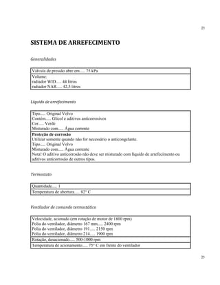 25
25
SISTEMA DE ARREFECIMENTO
Generalidades
Válvula de pressão abre em..... 75 kPa
Volume:
radiador WID..... 44 litros
radiador NAR..... 42,5 litros
Líquido de arrefecimento
Tipo..... Original Volvo
Contém..... Glicol e aditivos anticorrosivos
Cor..... Verde
Misturado com..... Água corrente
Proteção de corrosão
Utilizar somente quando não for necessário o anticongelante.
Tipo..... Original Volvo
Misturado com..... Água corrente
Nota! O aditivo anticorrosão não deve ser misturado com líquido de arrefecimento ou
aditivos anticorrosão de outros tipos.
Termostato
Quantidade..... 1
Temperatura de abertura..... 82° C
Ventilador de comando termostático
Velocidade, acionado (em rotação de motor de 1800 rpm)
Polia do ventilador, diâmetro 167 mm..... 2400 rpm
Polia do ventilador, diâmetro 191..... 2150 rpm
Polia do ventilador, diâmetro 214..... 1900 rpm
Rotação, desacionado..... 500-1000 rpm
Temperatura de acionamento..... 75° C em frente do ventilador
 