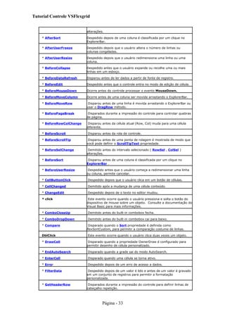 Tutorial Controle VSFlexgrid
alterações.
* AfterSort Despedido depois de uma coluna é classificada por um clique no
ExplorerBar.
* AfterUserFreeze Despedido depois que o usuário altera o número de linhas ou
colunas congeladas.
* AfterUserResize Despedido depois que o usuário redimensiona uma linha ou uma
coluna.
* BeforeCollapse Despedido antes que o usuário expande ou recolhe uma ou mais
linhas em um esboço.
* BeforeDataRefresh Disparou antes de ler dados a partir de fonte de registro.
* BeforeEdit Despedido antes que o controle entra no modo de edição de célula.
* BeforeMouseDown Ocorre antes do controle processar o evento MouseDown.
* BeforeMoveColumn Ocorre antes de uma coluna ser movida arrastando o ExplorerBar.
* BeforeMoveRow Disparou antes de uma linha é movida arrastando o ExplorerBar ou
usar o DragRow método.
* BeforePageBreak Disparados durante a impressão do controle para controlar quebras
de página.
* BeforeRowColChange Disparou antes da célula atual (Row, Col) muda para uma célula
diferente.
* BeforeScroll Disparou antes da rola de controle.
* BeforeScrollTip Disparou antes de uma ponta de rolagem é mostrada de modo que
você pode definir o ScrollTipText propriedade.
* BeforeSelChange Demitido antes do intervalo selecionado ( RowSel , ColSel )
alterações.
* BeforeSort Disparou antes de uma coluna é classificada por um clique no
ExplorerBar .
* BeforeUserResize Despedido antes que o usuário começa a redimensionar uma linha
ou coluna, permite cancelar.
* CellButtonClick Despedido depois que o usuário clica em um botão de células.
* CellChanged Demitido após a mudança de uma célula conteúdo.
* ChangeEdit Despedido depois de o texto no editor mudou.
* click Este evento ocorre quando o usuário pressiona e solta o botão do
dispositivo de mouse sobre um objeto. Consulte a documentação do
Visual Basic para mais informações.
* ComboCloseUp Demitido antes do built-in combobox fecha.
* ComboDropDown Demitido antes do built-in combobox cai para baixo.
* Compare Disparado quando o Sort propriedade é definida como
flexSortCustom, para permitir a comparação costume de linhas.
DblClick Este evento ocorre quando o usuário clica duas vezes um objeto.
* DrawCell Disparado quando a propriedade OwnerDraw é configurado para
permitir desenho de célula personalizado.
* EndAutoSearch Disparado quando a grade sai do modo AutoSearch.
* EnterCell Disparado quando uma célula se torna ativo.
* Error Despedido depois de um erro de acesso a dados.
* FilterData Despedido depois de um valor é lido e antes de um valor é gravado
em um conjunto de registros para permitir a formatação
personalizada.
* GetHeaderRow Disparados durante a impressão do controle para definir linhas de
cabeçalho repetição.
Página - 33
 