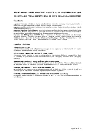 ANEXO VII DO EDITAL No 09/2013 – REITORIA, DE 21 DE MARÇO DE 2013

 PROGRAMA DAS PROVAS ESCRITA E ORAL DO EXAME DE HABILIDADE ESPECÍFICA


Prova Escrita

Aspectos Teóricos: notação de altura; notação rítmica; intervalos (maiores, menores, aumentados e
diminutos); notação harmônica (cifragem popular, gradual e/ou funcional);
Aspectos Auditivos: intervalos melódicos; intervalos harmônicos; ditado rítmico (uma ou duas vozes);
ditado melódico (uma voz);
Aspectos Histórico-Musicológicos: reconhecimento dos períodos da história da música (Idade Média,
Renascença, Barroco, etc.) através da apreciação auditiva de excertos de obras musicais representativas
de cada período; apreciação musical de uma peça executada (redação de 15 linhas);
Sugestão de Bibliografia: BENNETT, Roy – Cadernos de Música, Universidade de Cambridge;
LACERDA, Osvaldo - Elementos de Teoria Musical; LACERDA, Osvaldo – Exercícios de Teoria Musical;
CHEDIAK, Almir – Dicionário de Acordes Cifrados; WILLEMS, Edgar – Solfejo; POZZOLI, Ettore – Guia
Técnico e Prático; PALISCA, Claude - História da Música Ocidental, Editora Gradiva.


Prova Oral e Individual

LICENCIATURA PLENA
Aspectos Práticos: solfejo tonal; solfejo rítmico; execução de uma peça vocal ou instrumental de livre escolha
(o candidato deverá trazer seu próprio instrumento);

BACHARELADO EM MÚSICA - HABILITAÇÃO EM PIANO
O candidato deverá executar ao piano perante uma Banca Examinadora: 01 (uma) peça polifônica (Bach
ou Scarlatti); 01 (um) 1º movimento de sonata clássica; 01 (uma) peça romântica e 01 (uma) peça
brasileira.

BACHARELADO EM MÚSICA - HABILITAÇÃO EM FLAUTA TRANSVERSA
O candidato deverá executar uma Fantasia para flauta solo de Georg Philipp Telemann; 01 (um) estudo
de velocidade (legato ou staccatto); 01 (uma) peça de Pixinguinha; 01 (uma) peça de livre escolha.

BACHARELADO EM MÚSICA - HABILITAÇÃO EM COMPOSIÇÃO
Apresentação de uma peça ou conjunto de peças compostas pelo candidato com 3 (três) minutos de duração para
quaisquer tipos de instrumentos onde todas as partes estejam realizadas na partitura.

BACHARELADO EM MÚSICA POPULAR - HABILITAÇÃO EM SAXOFONE (sem oferta)
O candidato deverá executar 01 (uma) peça standard de jazz e 01 (um) solo escrito de Charlie Parker ou
John Coltrane.




                                                                                            Página 36 de 37
 