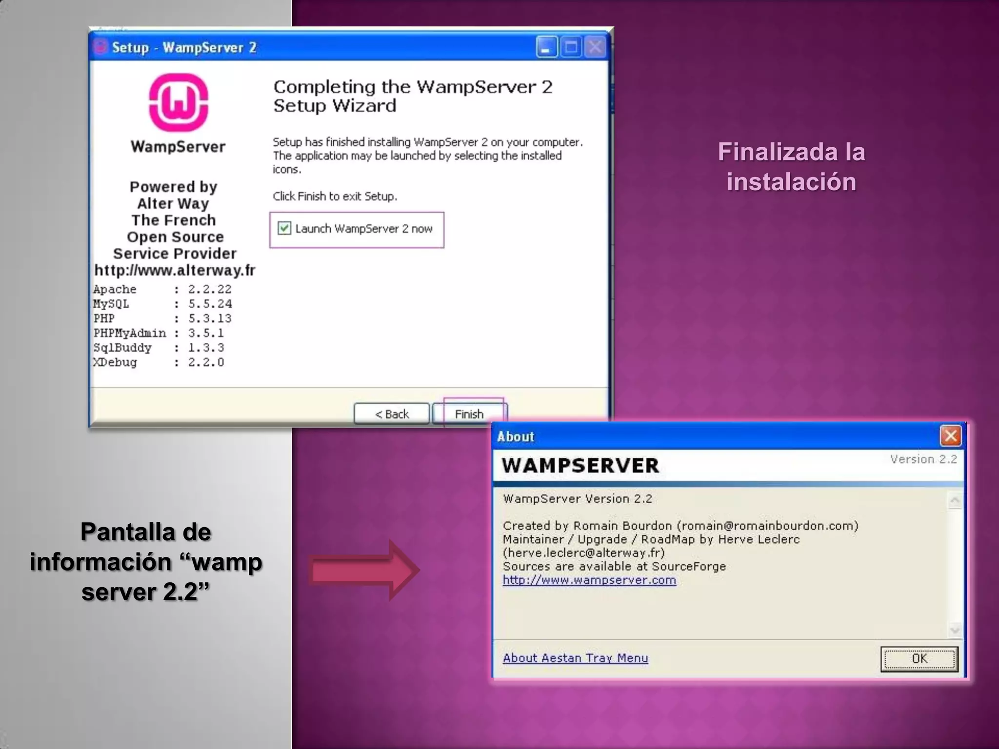 Finalizada la
                     instalación




     Pantalla de
información “wamp
     server 2.2”
 