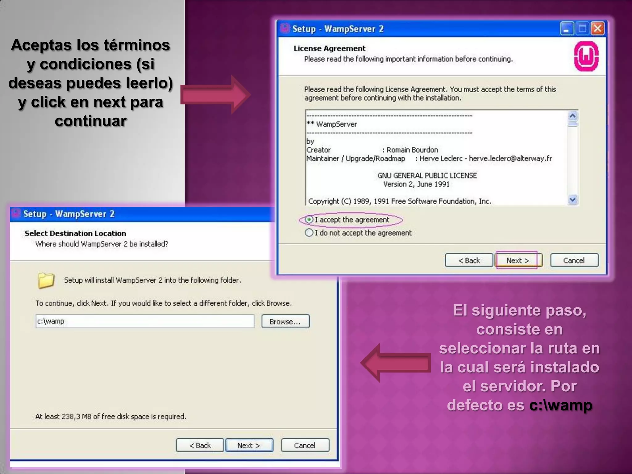 Aceptas los términos
  y condiciones (si
deseas puedes leerlo)
 y click en next para
       continuar




                          El siguiente paso,
                              consiste en
                        seleccionar la ruta en
                        la cual será instalado
                            el servidor. Por
                         defecto es c:wamp
 